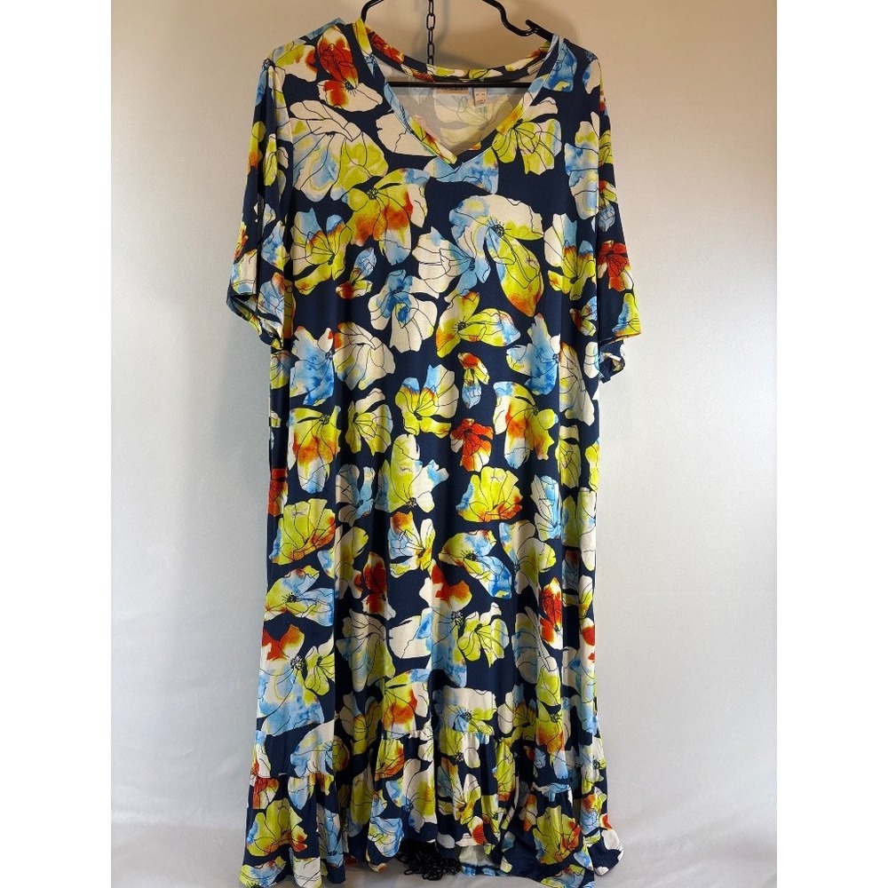 LOGO Lori Goldstein Floral Watercolor Navy V-Neck Tiered Dress XL